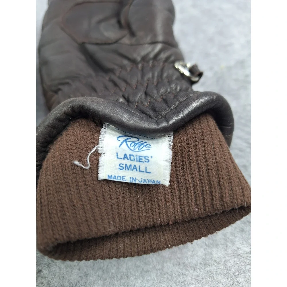 Vintage Roffe Brown Leather Ski Mittens Japan Quilted Padded Ladies Small
